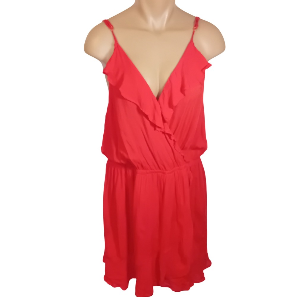 La Vie en Rose Aqua Red Ruffle V-Neck Adjustable Strap Cover Up Dress Beach XL